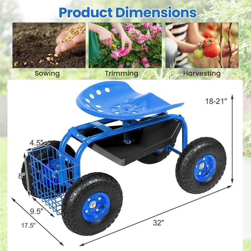 Rolling Garden Cart with 360° Swivel Seat, Tool Basket, Adjustable Height, 300LB Capacity Heavy Duty Gardening Seat for Lawn, Yard Work, Seniors
