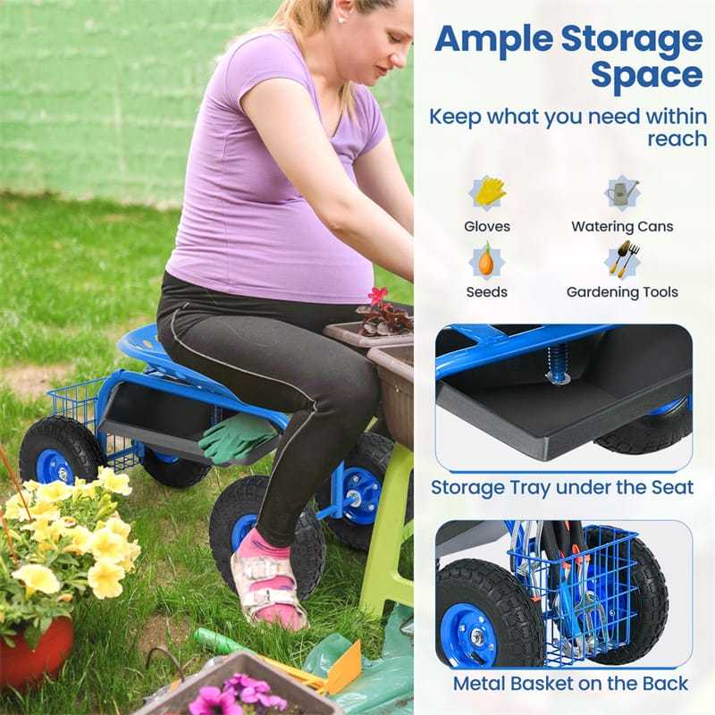 Rolling Garden Cart with 360° Swivel Seat, Tool Basket, Adjustable Height, 300LB Capacity Heavy Duty Gardening Seat for Lawn, Yard Work, Seniors