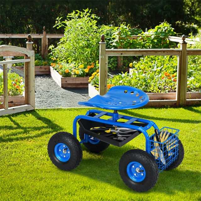 Rolling Garden Cart with 360° Swivel Seat, Tool Basket, Adjustable Height, 300LB Capacity Heavy Duty Gardening Seat for Lawn, Yard Work, Seniors