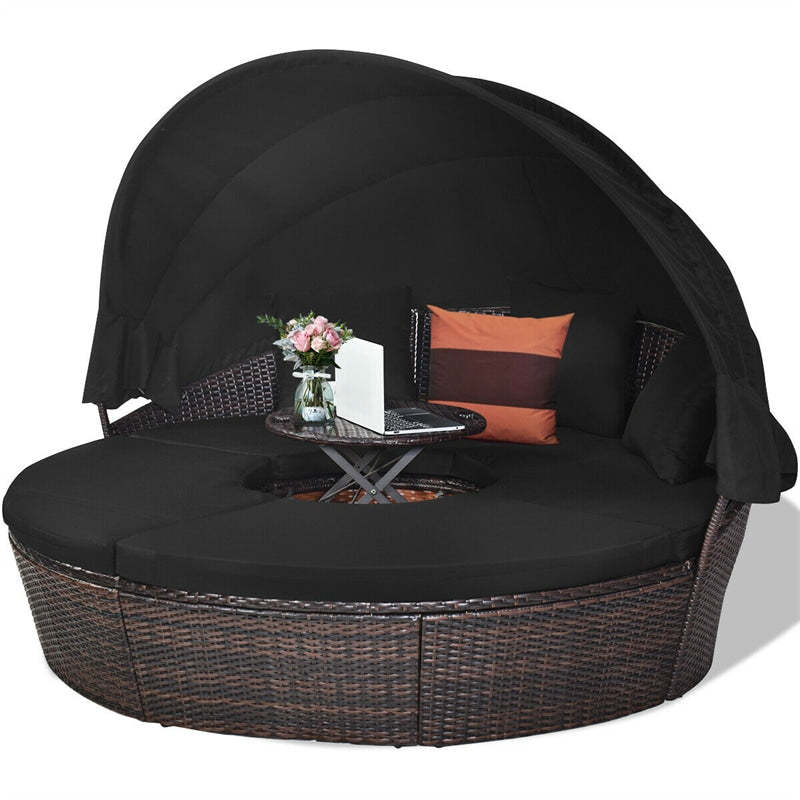 Round Patio Rattan Daybed with Retractable Canopy, Adjustable Coffee Table & Cushions, Outdoor Wicker Sectional Sofa for Poolside, Backyard
