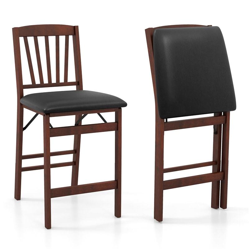 Set of 2 Folding Bar Stools, 24.5" Kitchen Island Counter Height Chairs with Padded Seats, Footrests & Rubber Wood Legs