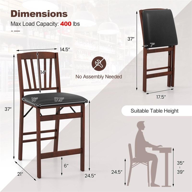 Set of 2 Folding Bar Stools, 24.5" Kitchen Island Counter Height Chairs with Padded Seats, Footrests & Rubber Wood Legs