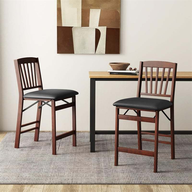 Set of 2 Folding Bar Stools, 24.5" Kitchen Island Counter Height Chairs with Padded Seats, Footrests & Rubber Wood Legs