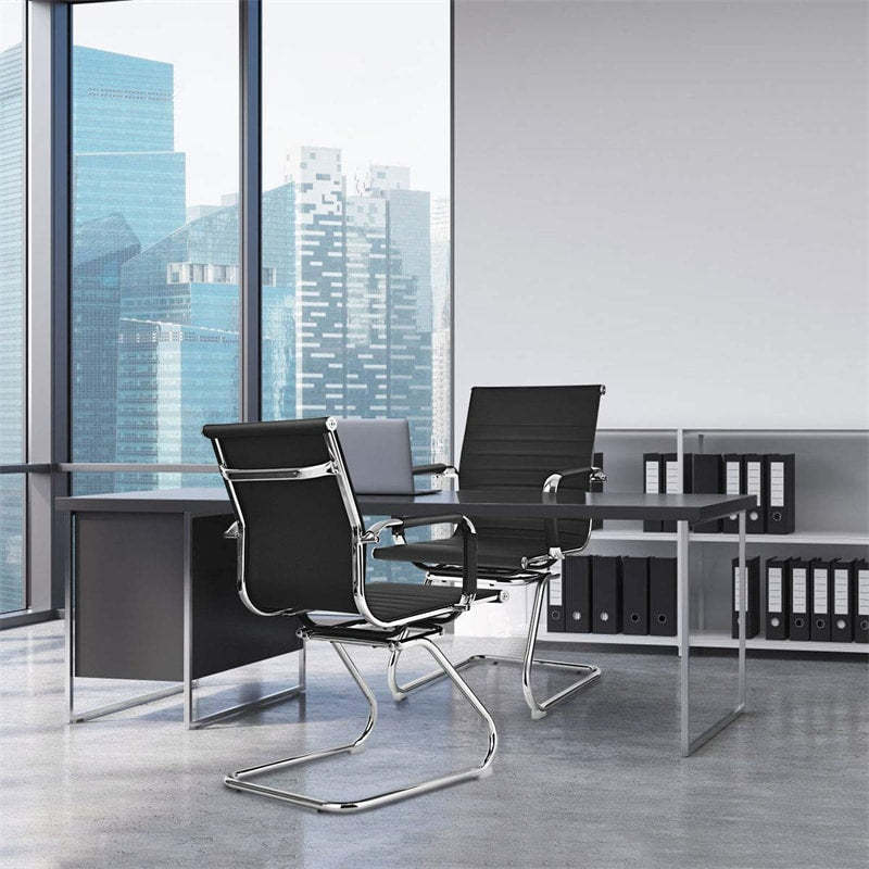Heavy Duty Office Guest Chairs Set of 2 with Sled Base & Arm Sleeves, No Wheels PU Leather Conference & Reception Chairs for Lobby, Meeting, Waiting
