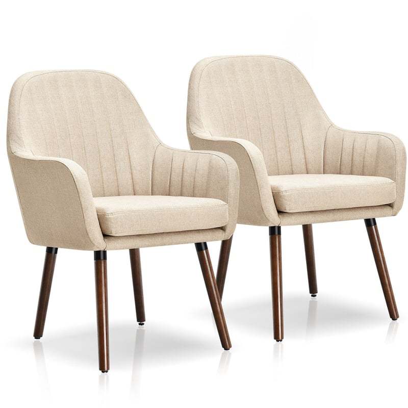 Set of 2 Fabric Dining Chairs, Upholstered Armchairs with Rubber Wood Legs, Thick Sponge Seat, Modern Accent Chairs for Living Room, Bedroom