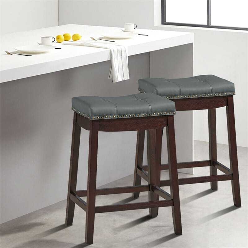 Set of 2 Saddle Seat Bar Stools, 24" Backless Counter Height Barstools with Cushions, Rubber Wood Legs & Footrests for Home Kitchen Living Room