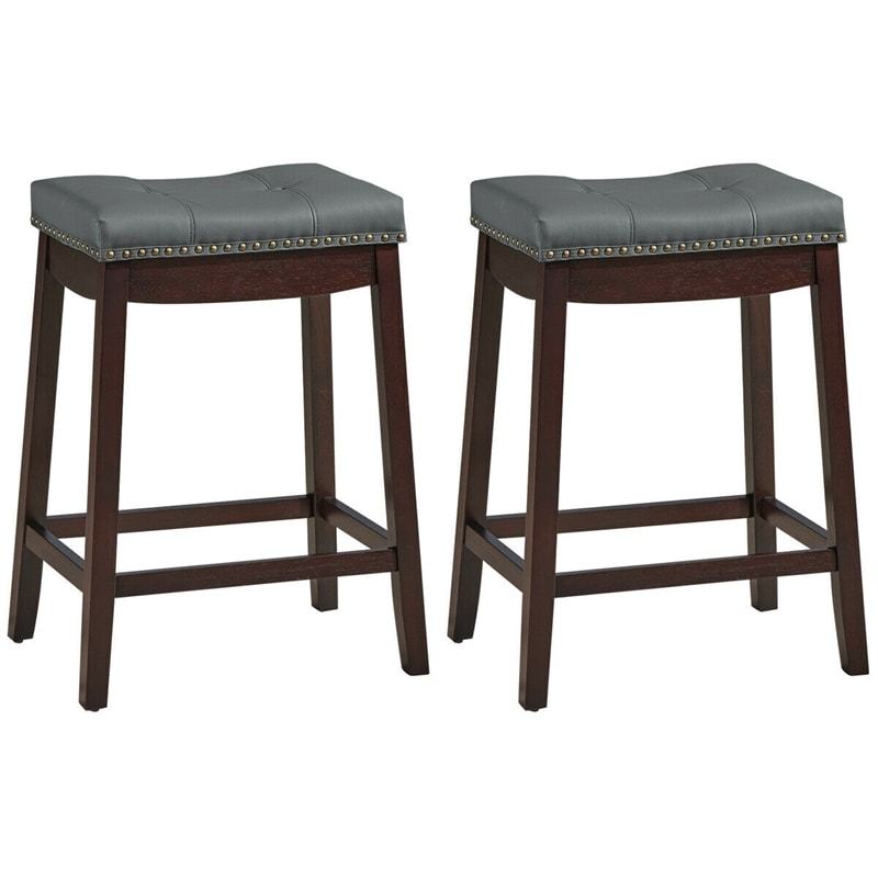 Set of 2 Saddle Seat Bar Stools, 24" Backless Counter Height Barstools with Cushions, Rubber Wood Legs & Footrests for Home Kitchen Living Room