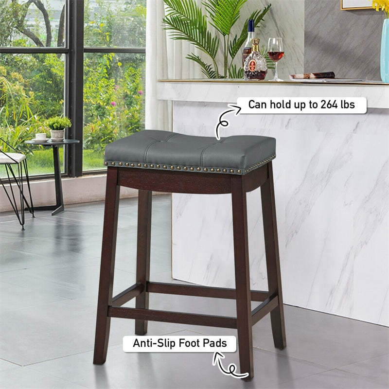 Set of 2 Saddle Seat Bar Stools, 24" Backless Counter Height Barstools with Cushions, Rubber Wood Legs & Footrests for Home Kitchen Living Room