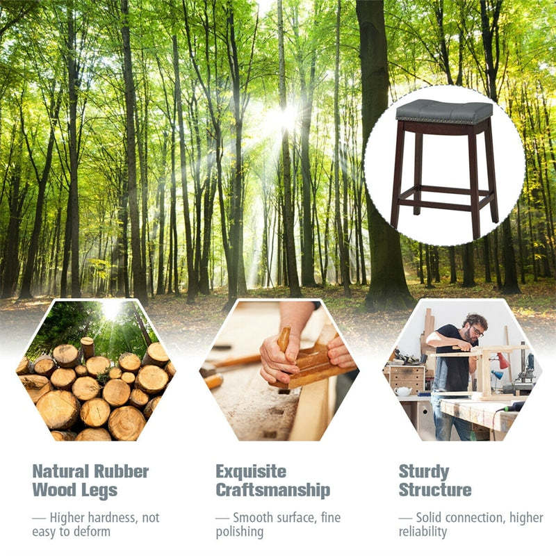 Set of 2 Saddle Seat Bar Stools, 24" Backless Counter Height Barstools with Cushions, Rubber Wood Legs & Footrests for Home Kitchen Living Room
