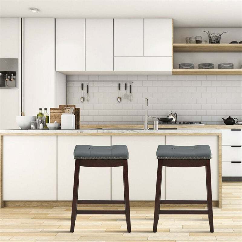 Set of 2 Saddle Seat Bar Stools, 24" Backless Counter Height Barstools with Cushions, Rubber Wood Legs & Footrests for Home Kitchen Living Room