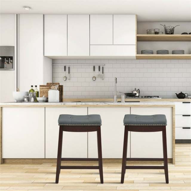Set of 2 Saddle Seat Bar Stools, 24" Backless Counter Height Barstools with Cushions, Rubber Wood Legs & Footrests for Home Kitchen Living Room