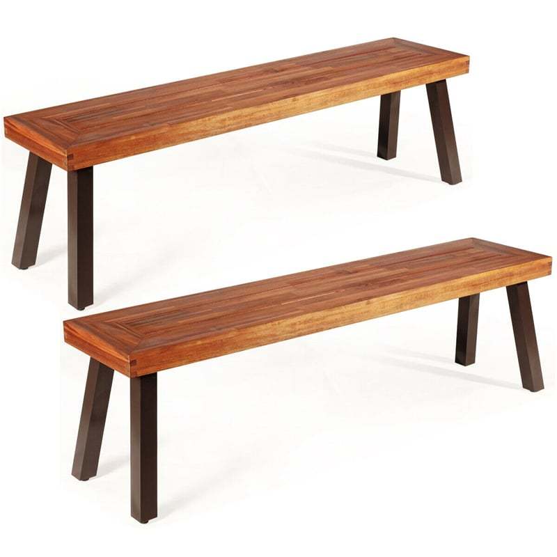 Set of 2 Acacia Wood Outdoor Benches with Metal Legs, Rustic Farmhouse Benches for Patio Dining Table,  Entryway, Poolside & Garden