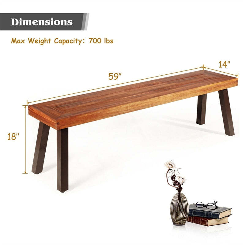 Set of 2 Acacia Wood Outdoor Benches with Metal Legs, Rustic Farmhouse Benches for Patio Dining Table,  Entryway, Poolside & Garden