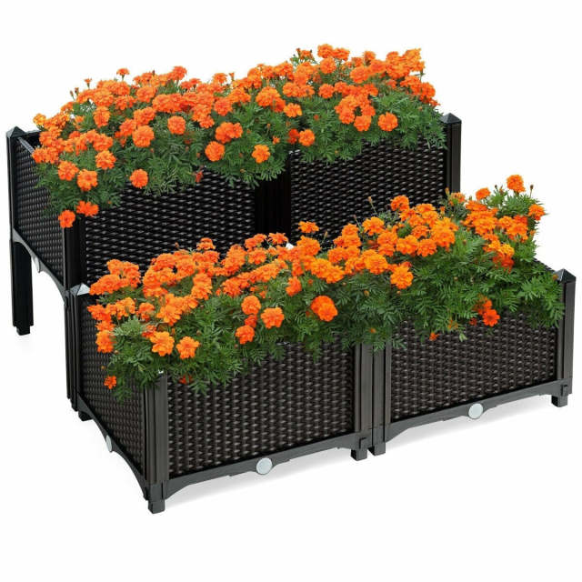 4 Pack Raised Garden Bed Kit, Self-Watering Elevated Planter Box with Removable Legs & Drainage Holes for Vegetables Flowers, Indoors Outdoors