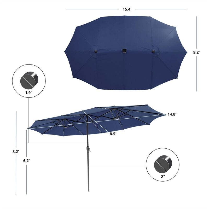 15FT Double-Sided Patio Umbrella with 48 Solar LED Lights & Crank Handle, Extra Large Outdoor Market Umbrella for Poolside, Deck, Backyard