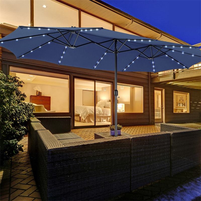 15FT Double-Sided Patio Umbrella with 48 Solar LED Lights & Crank Handle, Extra Large Outdoor Market Umbrella for Poolside, Deck, Backyard