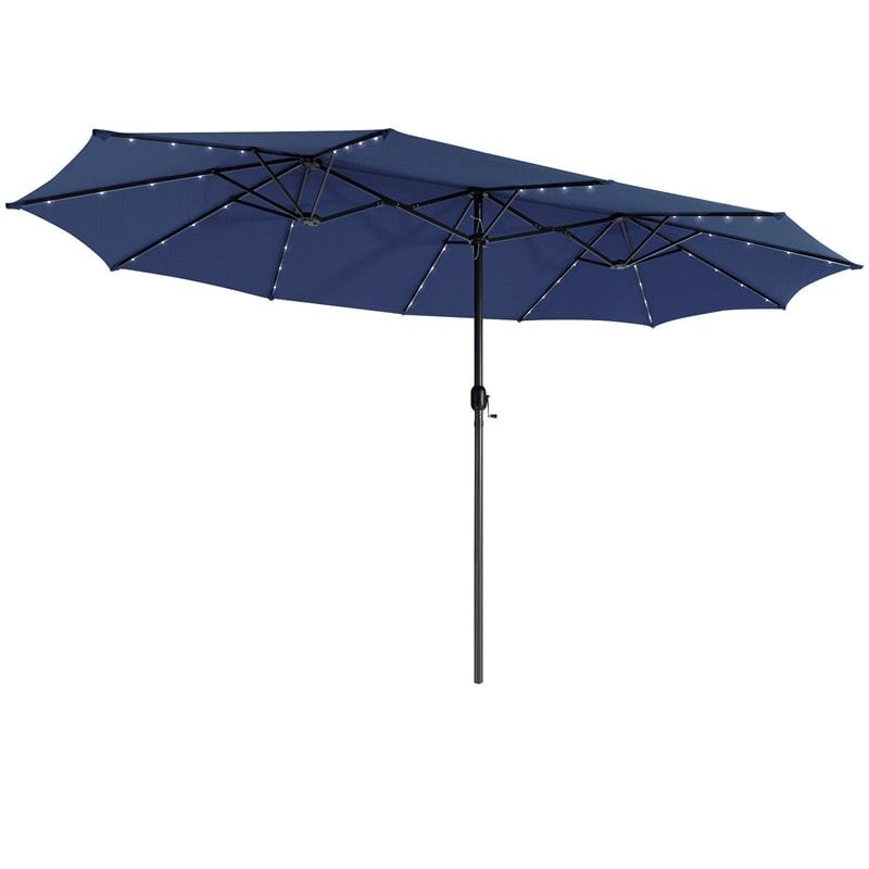 15FT Double-Sided Patio Umbrella with 48 Solar LED Lights & Crank Handle, Extra Large Outdoor Market Umbrella for Poolside, Deck, Backyard