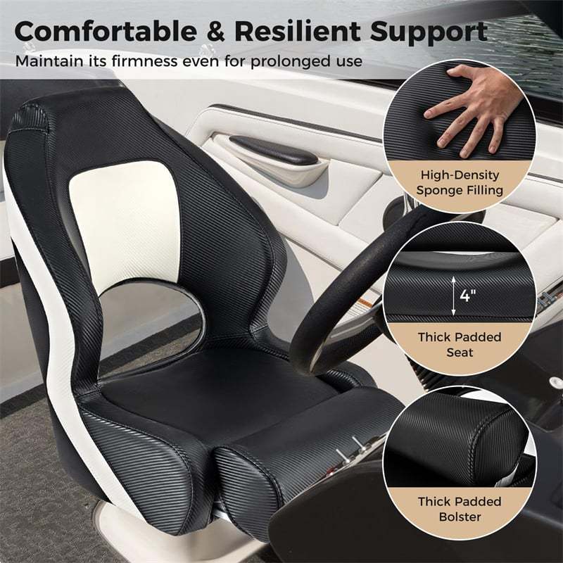 Sports Flip-up Boat Seat, Captain Bucket Seat w/Thick Sponge Bolster, Waterproof PVC Leather Upholstery, Curve Armrest, High Back Fishing Boat Chair