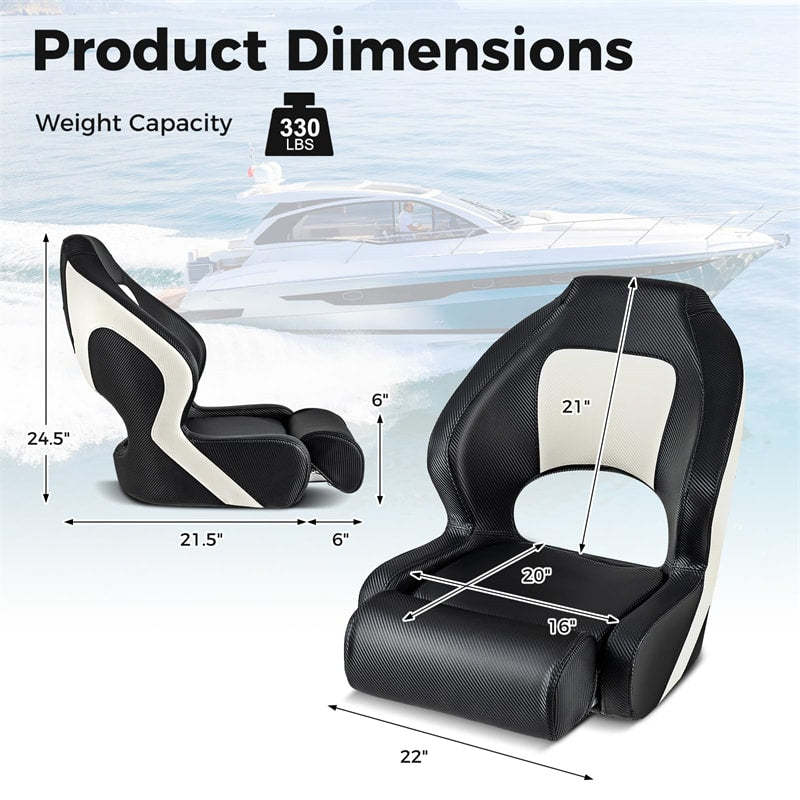 Sports Flip-up Boat Seat, Captain Bucket Seat w/Thick Sponge Bolster, Waterproof PVC Leather Upholstery, Curve Armrest, High Back Fishing Boat Chair