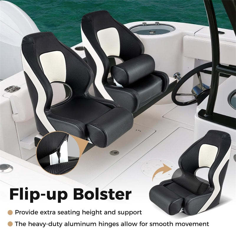 2 Pack Sports Flip-up Boat Seats, High Back Captain Bucket Seats with Thick Bolster, Waterproof PVC Leather Upholstery, Curve Armrest for Fishing Boat
