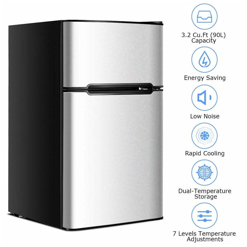 3.2 Cu. Ft. 2-Door Mini Fridge with Freezer, Compact Refrigerator with Temperature Control, Removable Shelves & Reversible Door for Dorm Office