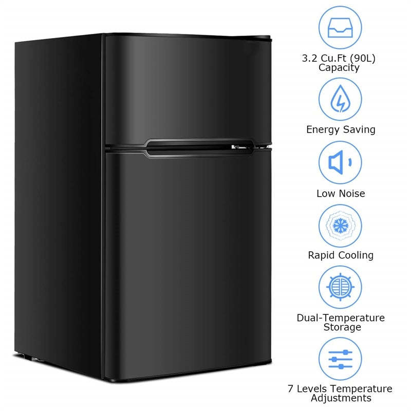 3.2 Cu. Ft. 2-Door Mini Fridge with Freezer, Compact Refrigerator with Temperature Control, Removable Shelves & Reversible Door for Dorm Office