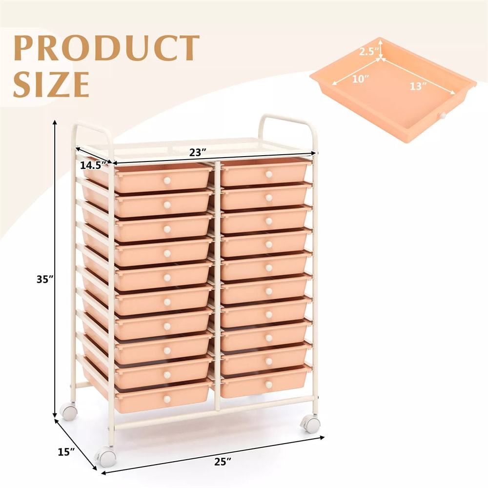 Storage Drawer Cart, 20-Drawer Rolling Cart Organizer with Lockable Wheels, Mobile Utility Cart for Office School Art Craft Supplies