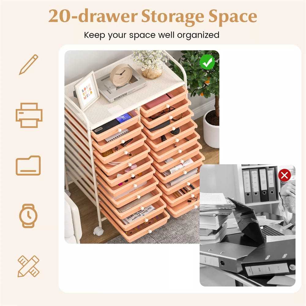 Storage Drawer Cart, 20-Drawer Rolling Cart Organizer with Lockable Wheels, Mobile Utility Cart for Office School Art Craft Supplies