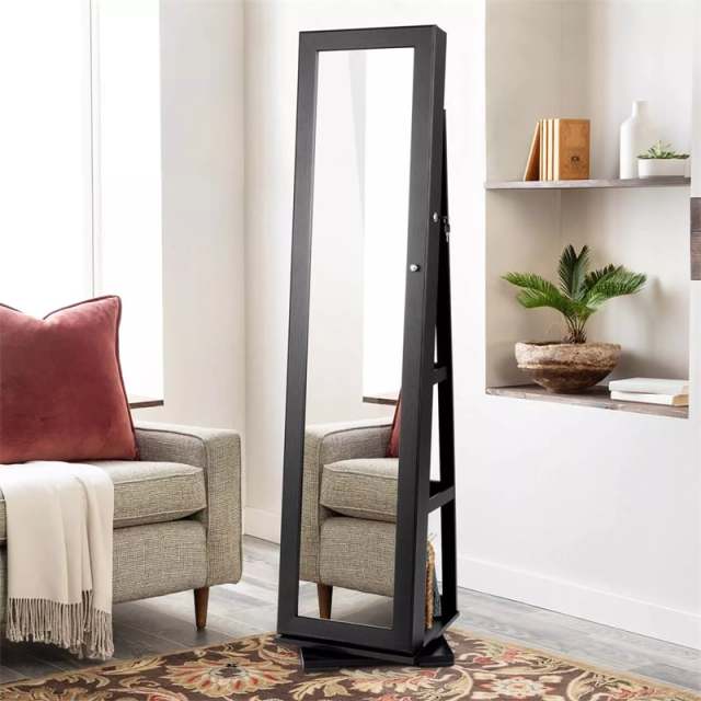 360° Swivel Jewelry Cabinet Armoire with Full Length Mirror & Rear Storage Shelves, Standing Lockable Jewelry Organizer Inside Makeup Mirror