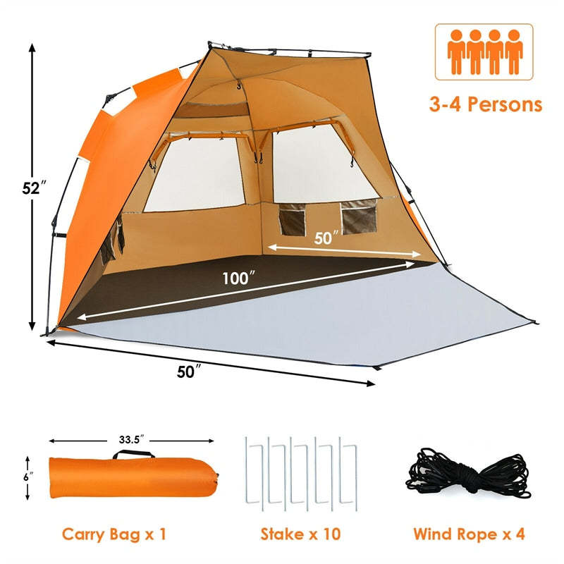 3-4 Person Easy Pop Up Beach Tent, UPF 50+ Portable Instant Beach Sun Shade with 3 Mesh Windows, Carrying Bag, 8.5mm Thickened Rod
