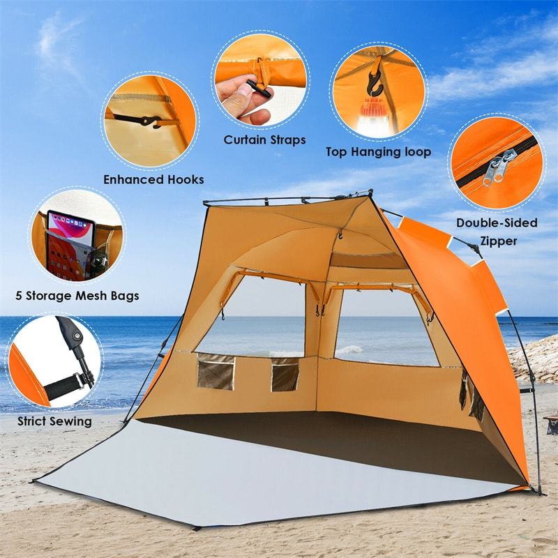 3-4 Person Easy Pop Up Beach Tent, UPF 50+ Portable Instant Beach Sun Shade with 3 Mesh Windows, Carrying Bag, 8.5mm Thickened Rod