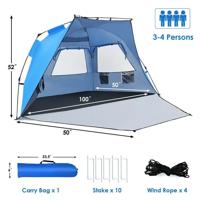 3-4 Person Easy Pop Up Beach Tent, UPF 50+ Portable Instant Beach Sun Shade with 3 Mesh Windows, Carrying Bag, 8.5mm Thickened Rod
