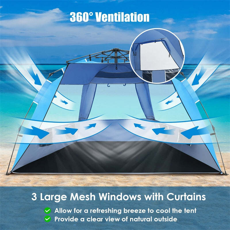 3-4 Person Easy Pop Up Beach Tent, UPF 50+ Portable Instant Beach Sun Shade with 3 Mesh Windows, Carrying Bag, 8.5mm Thickened Rod