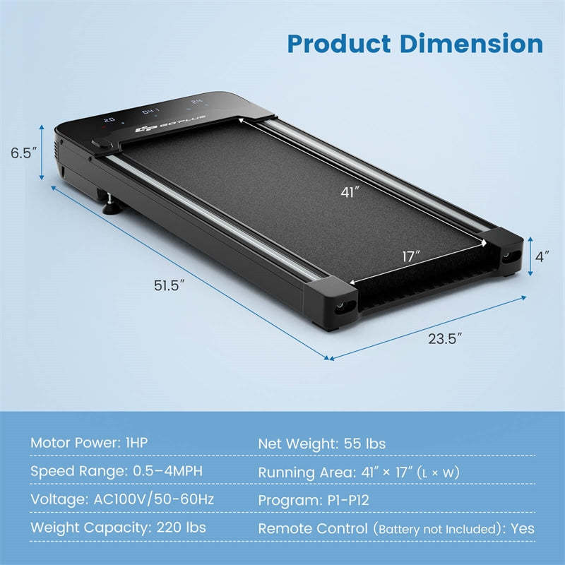 Under Desk Treadmill Slim Smart Foldable Walking Pad Treadmill with Touchable LED Display & Remote Control for Home Office