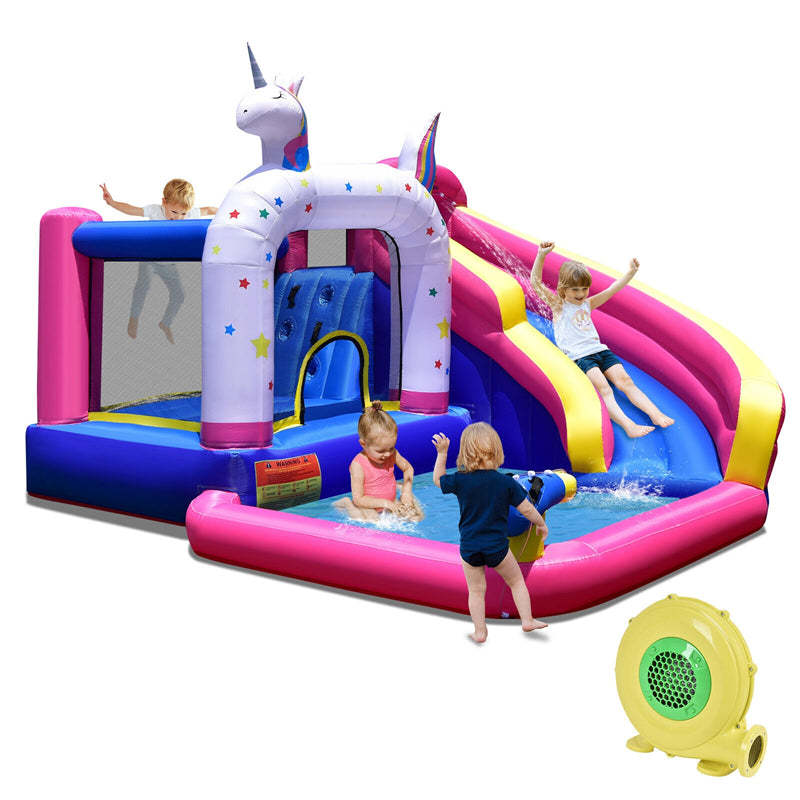 Unicorn Inflatable Water Slide Bounce House for Kids with 480W Blower