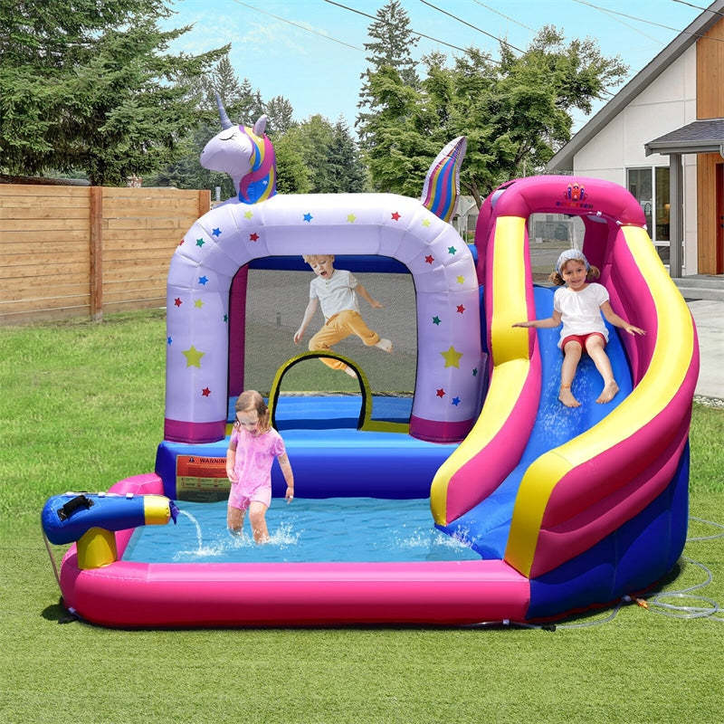 Unicorn Inflatable Water Slide Bounce House for Kids with 480W Blower