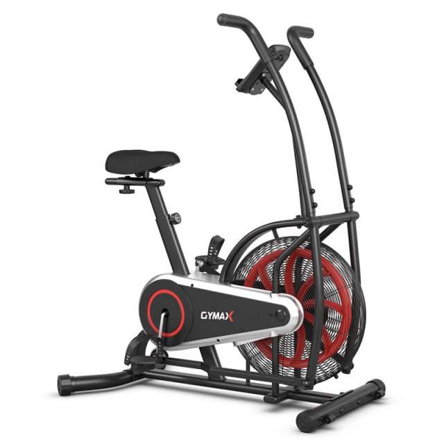 Upright Air Bike Fan Exercise Bike with LCD Display, Adjustable Seat, Phone Holder, Built-in Wheels, Unlimited Resistance for Home Gym Cardio Workout
