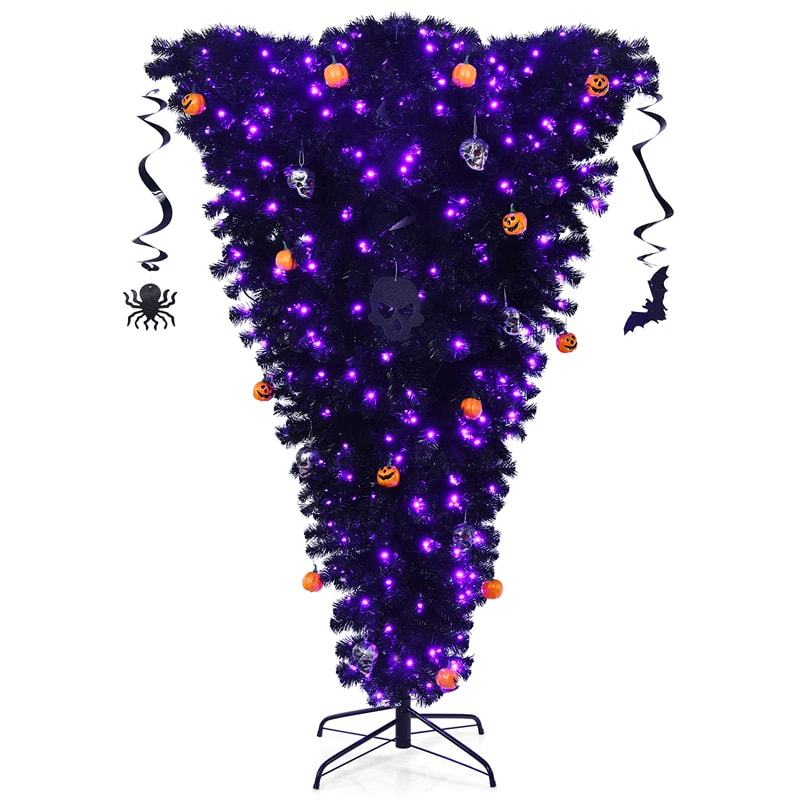 6FT Pre-Lit Upside Down Christmas Tree with 270 Purple LED Lights, Black Halloween Tree Artificial Inverted Xmas Tree for Holiday Party Decor