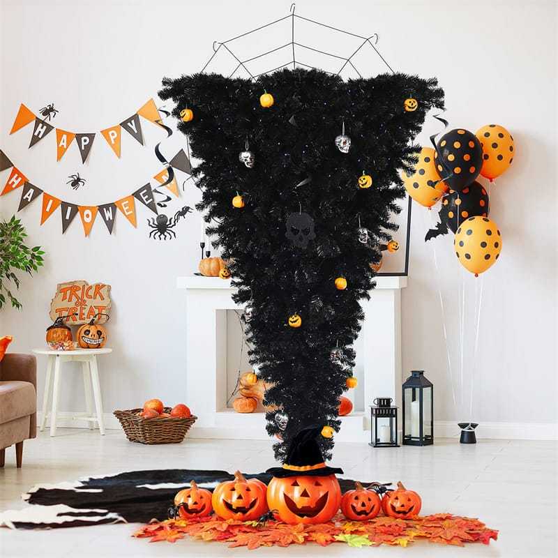 6FT Pre-Lit Upside Down Christmas Tree with 270 Purple LED Lights, Black Halloween Tree Artificial Inverted Xmas Tree for Holiday Party Decor