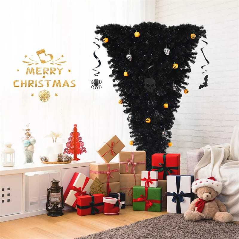 6FT Pre-Lit Upside Down Christmas Tree with 270 Purple LED Lights, Black Halloween Tree Artificial Inverted Xmas Tree for Holiday Party Decor