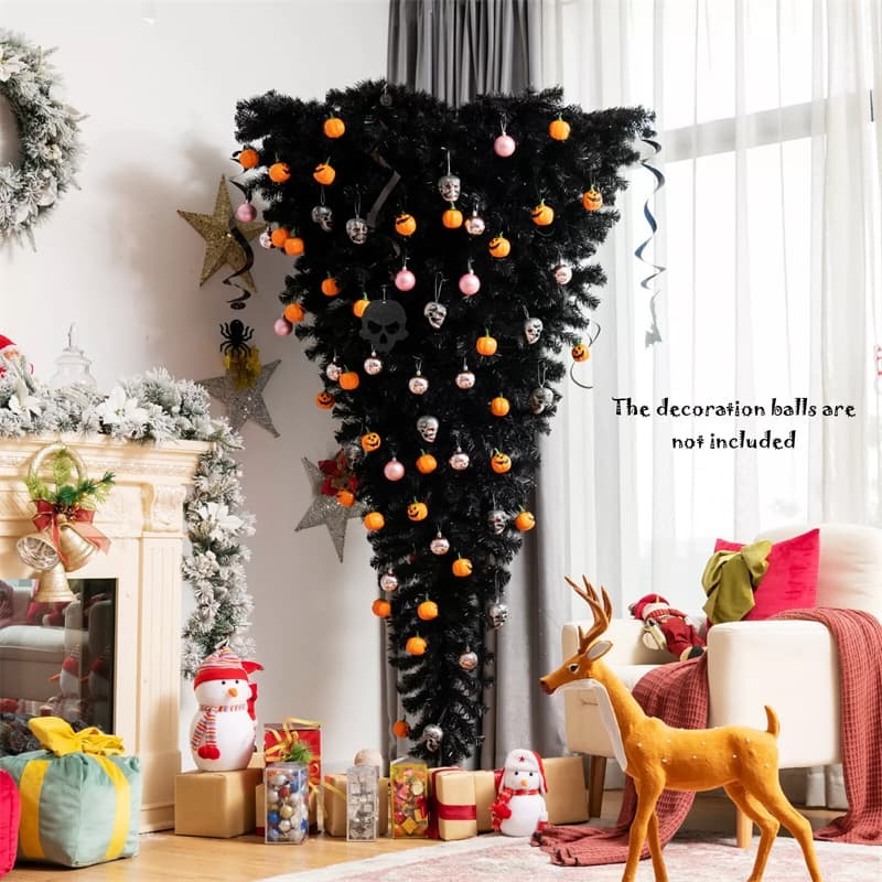 6FT Pre-Lit Upside Down Christmas Tree with 270 Purple LED Lights, Black Halloween Tree Artificial Inverted Xmas Tree for Holiday Party Decor