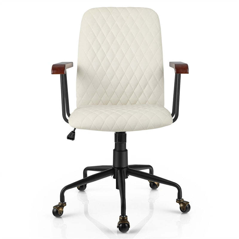 Velvet Home Office Chair Desk Chair Adjustable Swivel Task Chair Upholstered Home Leisure Chair with Rubber Wood Armrest & Copper Casters