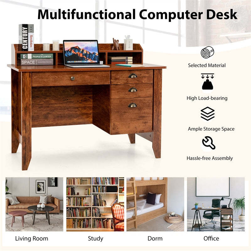 48" Wood Computer Desk with Hutch, 4 Storage Drawers & Shelves, Wooden Executive Desk for Home Office, Study Writing Desk for PC Laptop
