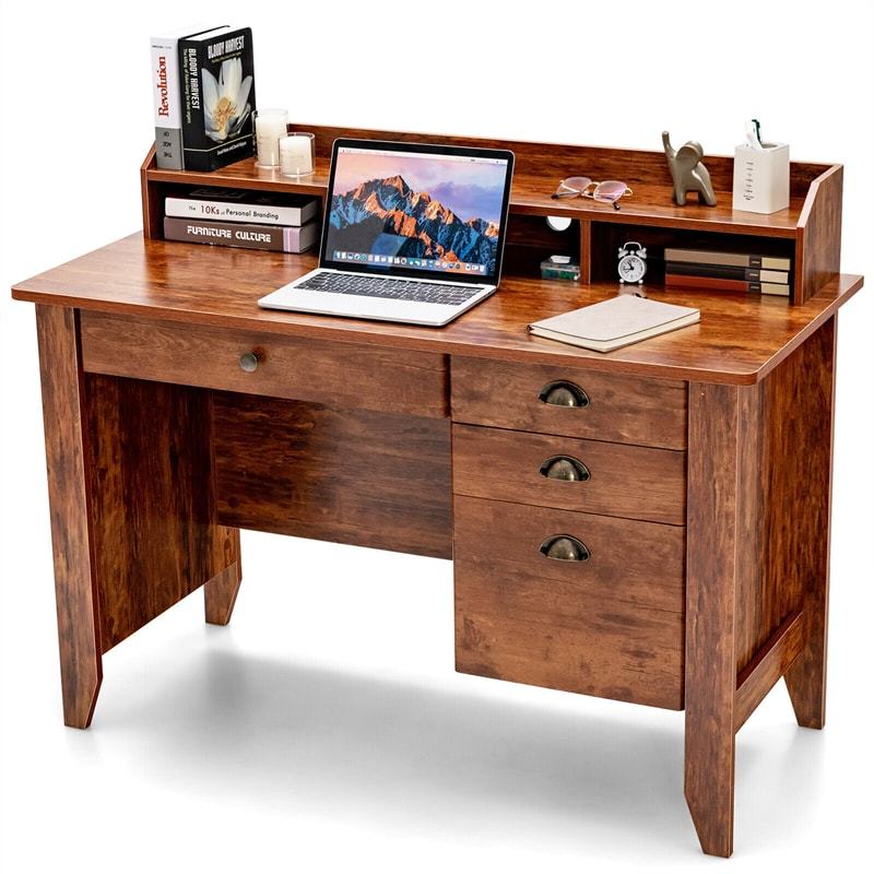 48" Wood Computer Desk with Hutch, 4 Storage Drawers & Shelves, Wooden Executive Desk for Home Office, Study Writing Desk for PC Laptop