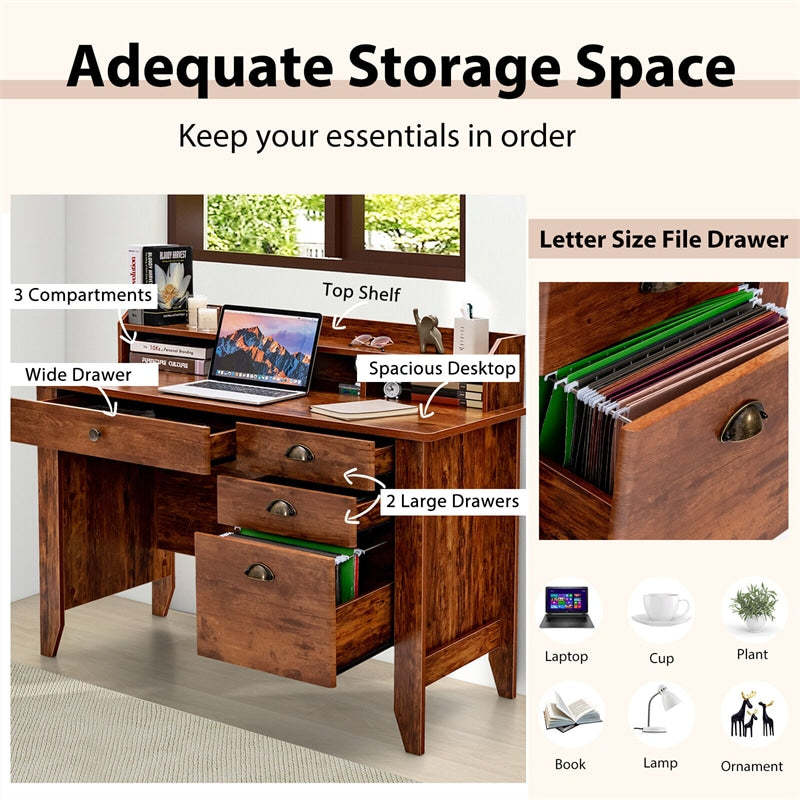 48" Wood Computer Desk with Hutch, 4 Storage Drawers & Shelves, Wooden Executive Desk for Home Office, Study Writing Desk for PC Laptop