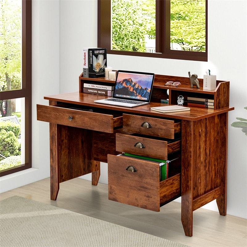 48" Wood Computer Desk with Hutch, 4 Storage Drawers & Shelves, Wooden Executive Desk for Home Office, Study Writing Desk for PC Laptop