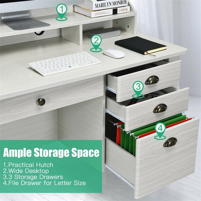48" Wood Computer Desk with Hutch, 4 Storage Drawers & Shelves, Wooden Executive Desk for Home Office, Study Writing Desk for PC Laptop
