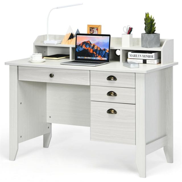 48" Wood Computer Desk with Hutch, 4 Storage Drawers & Shelves, Wooden Executive Desk for Home Office, Study Writing Desk for PC Laptop