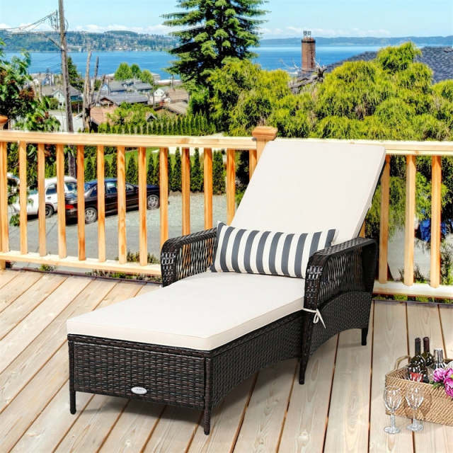 Rattan Outdoor Chaise Lounge Chair w/ 6-Gear Adjustable Backrest, Cushions, Removable Pillow, Patio Recliner for Poolside, Backyard Balcony