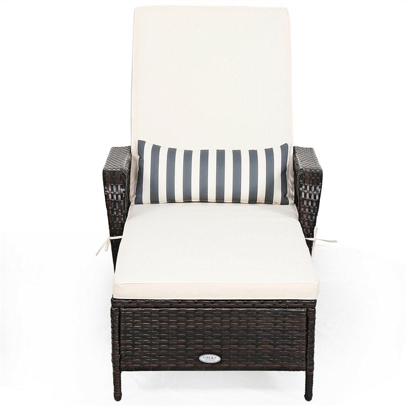 Rattan Outdoor Chaise Lounge Chair w/ 6-Gear Adjustable Backrest, Cushions, Removable Pillow, Patio Recliner for Poolside, Backyard Balcony